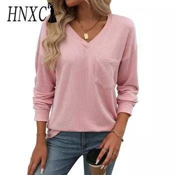 HNXC Женская мода Повседневная осень-зима Однотонные принты Длинные рукава V-образный вырез Блузки и рубашки S розовый