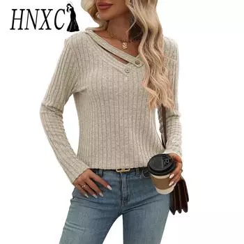 HNXC Женская мода Повседневная осень-зима Однотонные принты Длинные рукава V-образный вырез Блузки и рубашки S бордовый