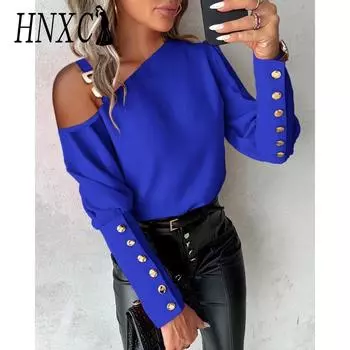 HNXC Женская мода Повседневная осень-зима Однотонные принты Длинные рукава Блузки и рубашки S чёрный