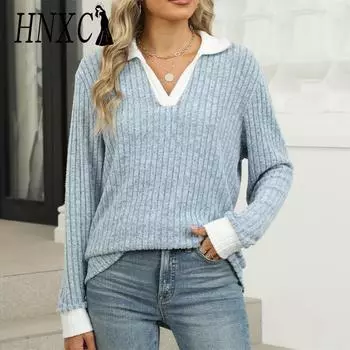 HNXC Женская мода Повседневная Осень Зима Однотонный Принт Длинный Рукав Воротник ПОЛО Блузки и Рубашки S синий