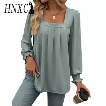 HNXC Женская мода Повседневная осень-зима Однотонный принт Длинный рукав Квадратный воротник Блузки и рубашки S светло-фиолетовый