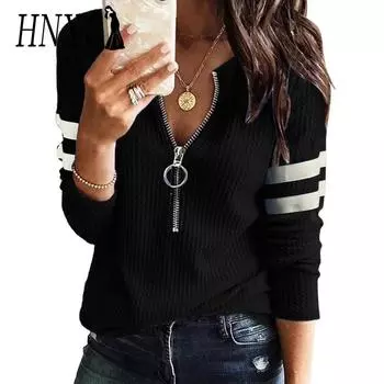 HNXC Женская мода Повседневная Осень Зима Однотонный Принт Длинный Рукав Воротник Молния Блузки и Рубашки S чёрный