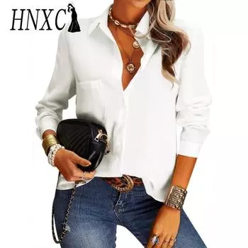 HNXC Женская мода Повседневная Осень Зима Однотонный Принт Длинный Рукав Воротник-ПОЛО Блузки и Рубашки S белый