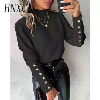 HNXC Женская мода Повседневная Осень Зима Однотонный Принт Длинный Рукав Полуводолазка Блузки и Рубашки S чёрный