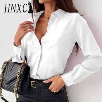 HNXC Женская мода Повседневная Осень Зима Однотонный Принт Длинный Рукав Воротник-ПОЛО Блузки и Рубашки S чёрный