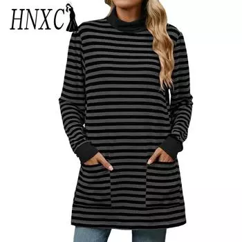HNXC Женская мода повседневная осень-зима полосатый принт длинный рукав полуводолазка блузки и рубашки S чёрный