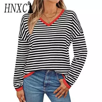 HNXC Женская мода повседневная осень-зима полосатый принт длинный рукав V-образный вырез блузки и рубашки S чёрный