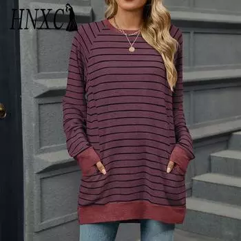 HNXC Женская мода повседневная осень-зима полосатый принт длинный рукав O-образный вырез толстовки и свитшоты S красный