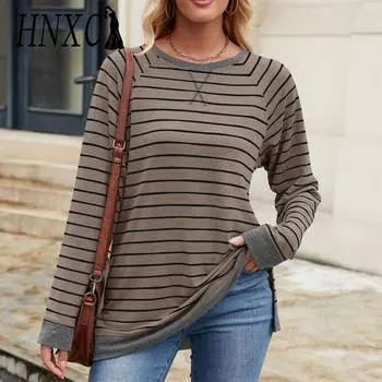 HNXC Женская мода Повседневная осень-зима полосатый принт Длинные рукава О-образный вырез Блузки и рубашки S кофейный