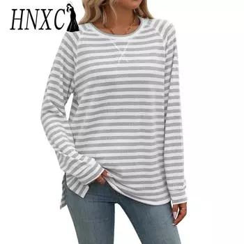 HNXC Женская мода Повседневная осень-зима полосатый принт Длинные рукава О-образный вырез Блузки и рубашки S чёрный