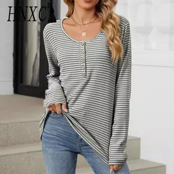 HNXC Женская мода Повседневная осень-зима полосатый принт Длинные рукава О-образный вырез Блузки и рубашки S чёрный