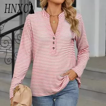 HNXC Женская мода повседневная осень-зима полосатый принт длинный рукав V-образный вырез блузки и рубашки S розовый