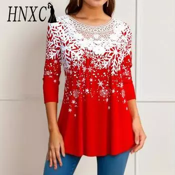 HNXC Женская мода повседневная осень-зима рождественская печать длинный рукав О-образный вырез блузки и рубашки S