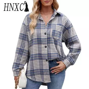 HNXC Женская мода повседневная осень-зима с принтом «гусиная лапка» с длинным рукавом и воротником-поло блузки и рубашки S розовый