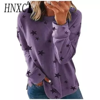 HNXC Женская мода Повседневная Осень Зима Длинные рукава Звездный Принт O-образный вырез с капюшоном толстовки и свитшоты S фиолетовый