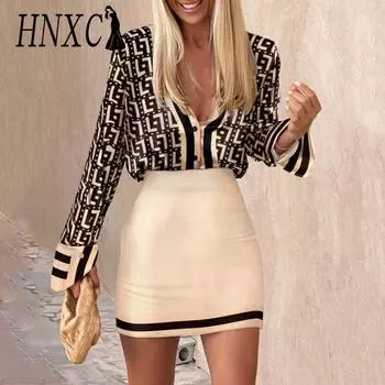 HNXC Женская мода повседневная осень-зима с длинным рукавом и V-образным вырезом юбка костюмы S разноцветный