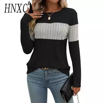 HNXC Женская мода повседневная осень-зима с длинным рукавом и круглым вырезом блузки и рубашки S чёрный