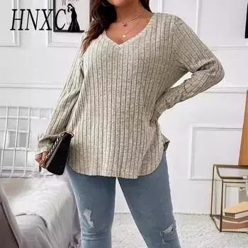 HNXC Женская мода повседневная осень зима весна однотонные принты длинные рукава V-образный вырез блузки и рубашки XL абрикосовый