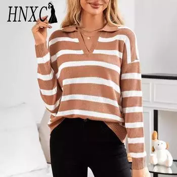 HNXC Женская мода повседневная полосатая печать осень-зима длинный рукав поло-ворот свободные свитера S чёрный