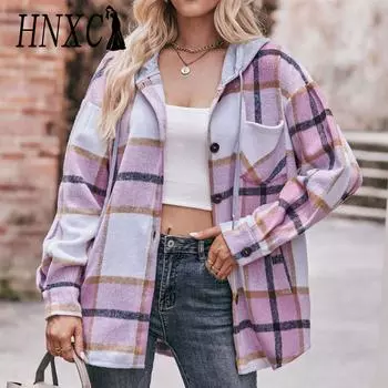 HNXC Женская мода повседневное клетчатый принт осень-зима с длинным рукавом кардиганы с капюшоном пальто S бордовый