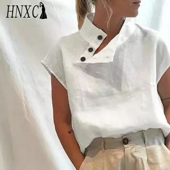 HNXC Женская Мода Повседневные Однотонные Блузки и Рубашки с Коротким Рукавом с Принтом S белый