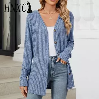 HNXC Женская мода повседневные однотонные кардиганы с принтом осень-зима с длинным рукавом S синий