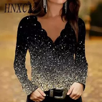 HNXC Женская мода повседневные осенне-зимние блузки и рубашки с длинным рукавом и V-образным вырезом S