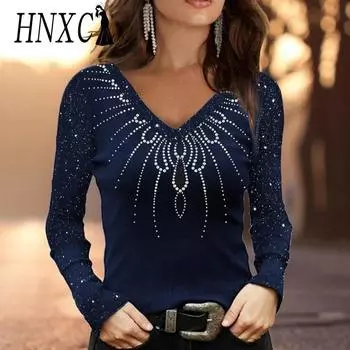 HNXC Женская мода повседневные осенне-зимние блузки и рубашки с длинным рукавом и V-образным вырезом S чёрный