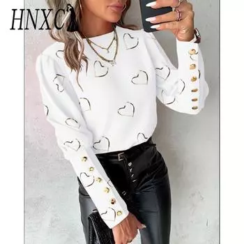 HNXC Женская мода повседневные осенне-зимние блузки и рубашки с длинным рукавом и круглым вырезом S чёрный