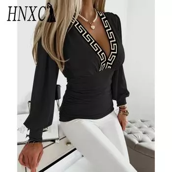 HNXC Женская мода повседневные осенне-зимние блузки и рубашки с длинным рукавом и V-образным вырезом S чёрный