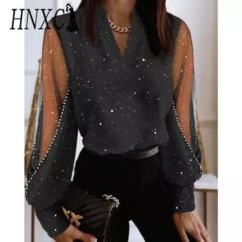 HNXC Женская мода повседневные осенне-зимние блузки и рубашки с длинным рукавом и V-образным вырезом S