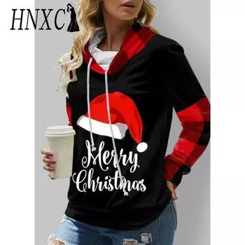 HNXC Женская мода повседневные рождественские принты с длинным рукавом с капюшоном толстовки и свитшоты S