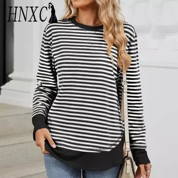 HNXC Женская мода повседневные толстовки и свитшоты с длинным рукавом и круглым вырезом в полоску S розовый