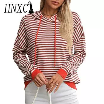 HNXC Женская мода Повседневный полосатый принт Длинные рукава с капюшоном Толстовки и свитшоты S красный/чёрный