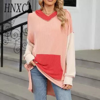 HNXC Женская мода повседневные толстовки с капюшоном и длинным рукавом с цветным принтом и блоками S розовый