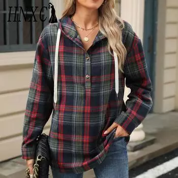 HNXC Женская мода Повседневный клетчатый принт Длинные рукава с капюшоном Толстовки и свитшоты S темно-синий