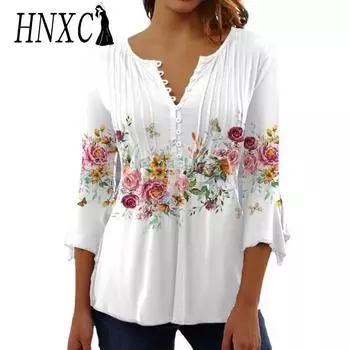 HNXC Женская мода Повседневный летний цветочный принт блузки и рубашки с рукавом 3/4 и V-образным вырезом S белый
