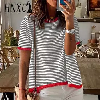 HNXC Женская мода Повседневный летний полосатый принт Короткие рукава О-образный вырез Блузки и рубашки S белый