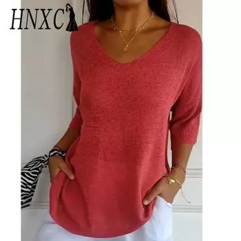 HNXC Женская мода повседневный однотонный принт лето весна рукав 3/4 V-образный вырез свободные свитера S имбирный
