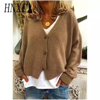 HNXC Женская мода повседневный однотонный принт осень зима длинный рукав V-образный вырез свободные свитера S хаки