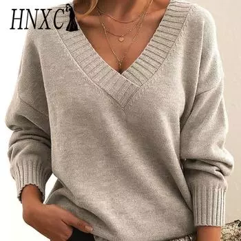HNXC Женская мода повседневный однотонный принт осень зима длинный рукав V-образный вырез свободные свитера S темно-коричневого