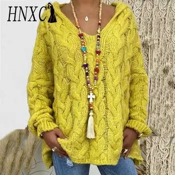 HNXC Женская мода повседневный однотонный принт осень зима длинный рукав с капюшоном свободные свитера S розовый