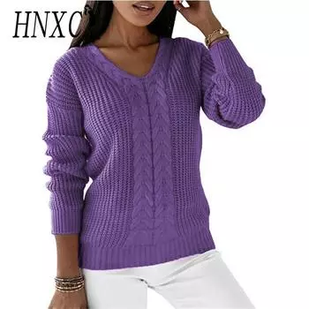 HNXC Женская мода повседневный однотонный принт осень зима длинный рукав V-образный вырез свободные свитера S белый