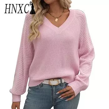 HNXC Женская мода повседневный однотонный принт осень зима длинный рукав V-образный вырез свободные свитера S розовый
