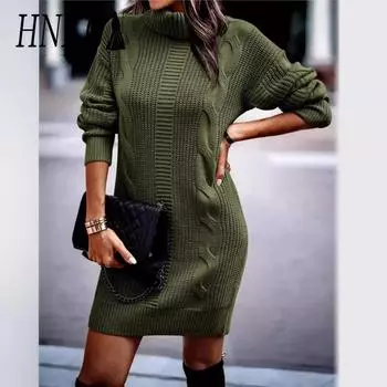 HNXC Женская мода, повседневный однотонный принт, осень-зима, свободные свитера с длинным рукавом и высоким воротом, платья S армия зеленый