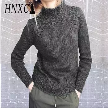 HNXC Женская мода повседневный однотонный принт осень зима длинный рукав полуводолазка свободные свитера S хаки