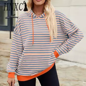 HNXC Женская мода Повседневный полосатый принт Длинные рукава с капюшоном Толстовки и свитшоты S розовый