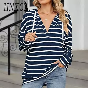 HNXC Женская мода Повседневный полосатый принт Длинные рукава с капюшоном Толстовки и свитшоты S белый