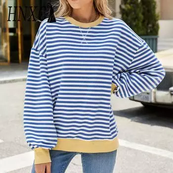 HNXC Женская мода Повседневный полосатый принт Длинные рукава O-образный вырез Толстовки и свитшоты S розовый/белый