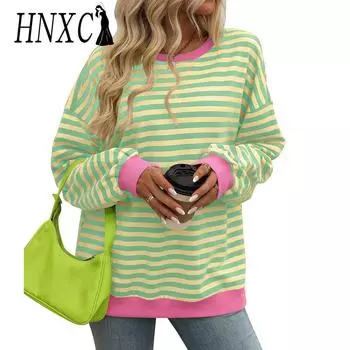 HNXC Женская мода Повседневный полосатый принт Длинные рукава O-образный вырез Толстовки и свитшоты S синий